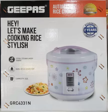 Original Geepas GRC4331 3.2L Electric Rice Cooker 1250W - Non-Stick Inner Pot, |Cook/Steam/Keep Warm Function | Make Rice & Steam Healthy Food & Vegetables, ( 2 years Warranty )