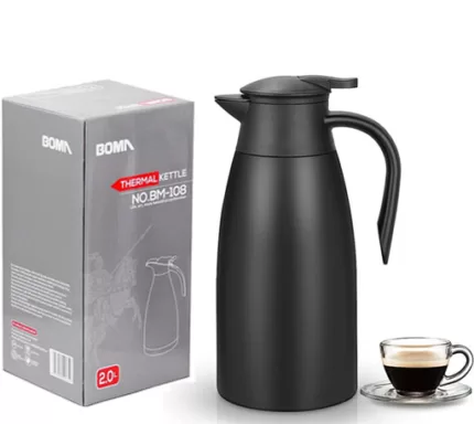 BOMA 68 Oz/ 2 Liter Stainless Steel Thermal Coffee Carafe/Double Walled Vacuum Insulated Thermos, 12 Hours. Heat & Cold Retention Hot Water Pot (Black)