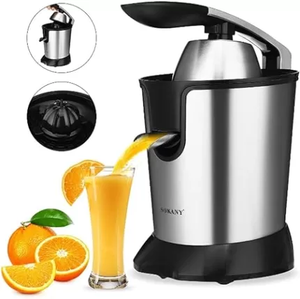 Electric Citrus Juicer, Orange Squeezer, Stainless Steel, Lemon Squeezer, 350 Watt Motor, Drip Stop Function, Juice Press with Lever Arm, 2 BPA-Free Cones, Suitable for All Common Citrus Fruits