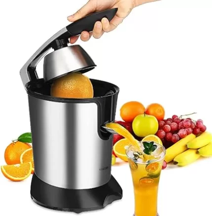 Electric Citrus Juicer, Orange Squeezer, Stainless Steel, Lemon Squeezer, 350 Watt Motor, Drip Stop Function, Juice Press with Lever Arm, 2 BPA-Free Cones, Suitable for All Common Citrus Fruits