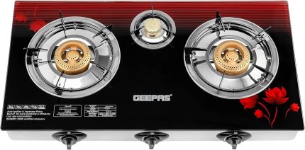 Geepas GGC31012 3-Burner Gas Cooker Size 70mm, 40mm & 90mm Respectively - Ergonomic Design, Automatic Ignition, 3 Heating Zones | Stainless Steel Frame & Tray
