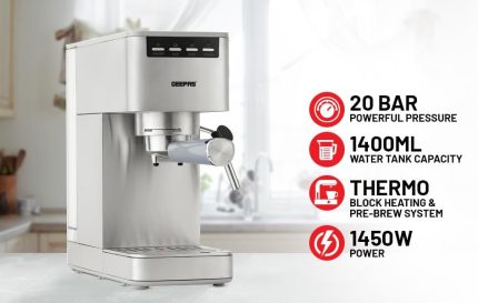 Geepas Espresso and Cappuccino Coffee Machine- GCM1523SS| Die-Cast Aluminum Boiler and 1.8 L Detachable Water Tank| Makes Cappuccino, Lattes, Espresso