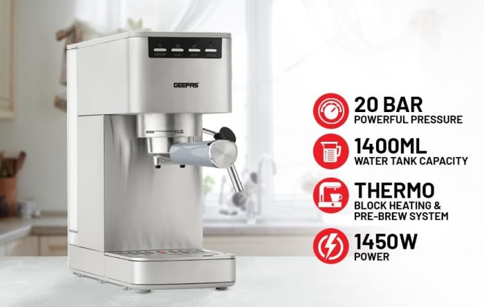 Geepas Espresso and Cappuccino Coffee Machine- GCM1415SS E26 Platinum Series, Equipped with 20 Bar High Pressure Pump and Powerful Steam System Makes Cappuccino, Lattes, Espresso, Macchiato, Mocha