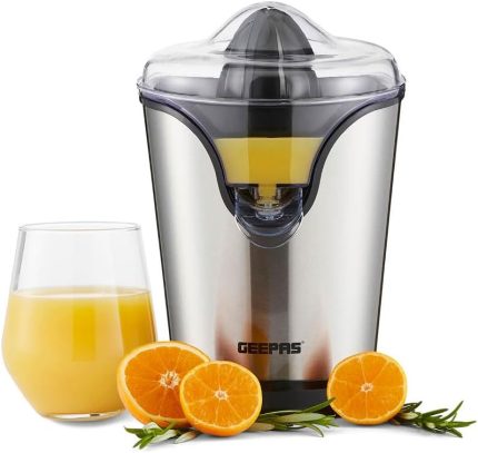 Geepas GCJ46013UK 100W Citrus Juicer Electric Orange Juicer Professional Brushed Stainless Steel Fruit Juicer Squeezes Oranges Lemons Lime Juices Freshly Pressed Fruit Juices in Seconds