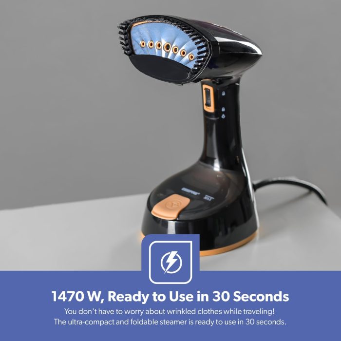 Geepas Handheld Garment Steamer- GGS25034| Ready to Use in 30 Seconds| Suitable for All Kinds of Fabric | Equipped with Stainless Steel Head and 150 ML Capacity| Black and golden, 2 Years Warranty