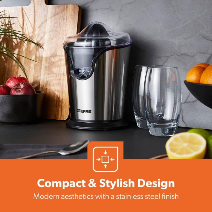 Geepas GCJ46013UK 100W Citrus Juicer Electric Orange Juicer Professional Brushed Stainless Steel Fruit Juicer Squeezes Oranges Lemons Lime Juices Freshly Pressed Fruit Juices in Seconds