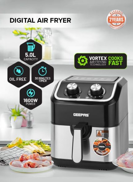 Geepas Vortex 5L Digital Air Fryer - Convection Air Fryer with LED Touchscreen, 30 Minutes Timer & Non-Stick Basket - Oil Free Toaster Oven, 2 Years Warranty, 1600W, Black'