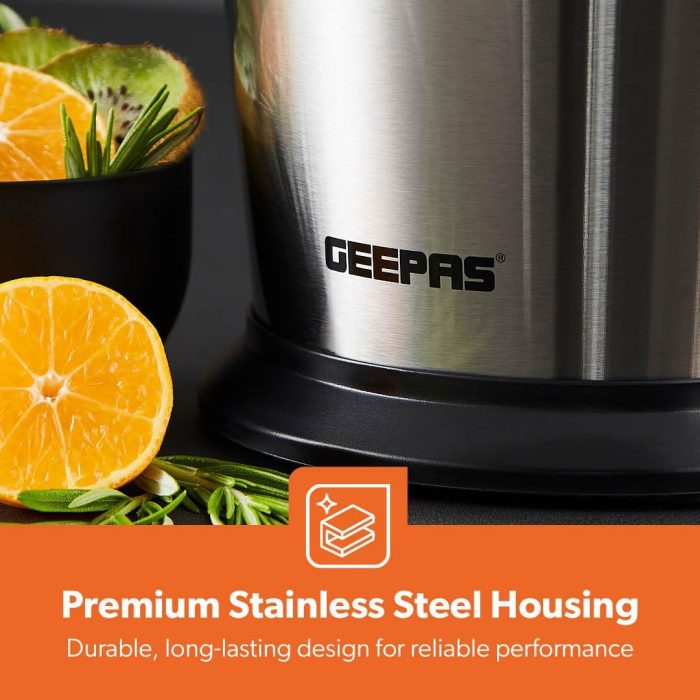Geepas GCJ46013UK 100W Citrus Juicer Electric Orange Juicer Professional Brushed Stainless Steel Fruit Juicer Squeezes Oranges Lemons Lime Juices Freshly Pressed Fruit Juices in Seconds