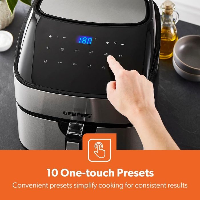 Geepas ' Vortex 7.5L Digital Air Fryer – Family-Sized 10-in-1 Convection Air Fryer with LED Touchscreen, 60 Min Timer & Non-Stick Basket, – 2 Years Warranty, 1800W', Black