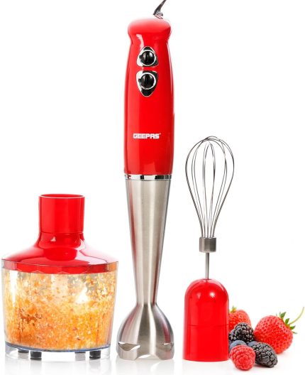 Geepas GHB6136 400W Hand Blender - Stainless Steel Blades with 2 Speed for Baby Food, Soup, Juice 860ml Chopper Bowl & Electric Egg Whisk - 2 Years Warranty