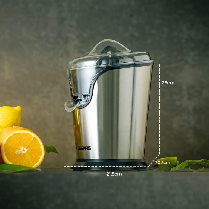 Geepas GCJ46013UK 100W Citrus Juicer Electric Orange Juicer Professional Brushed Stainless Steel Fruit Juicer Squeezes Oranges Lemons Lime Juices Freshly Pressed Fruit Juices in Seconds