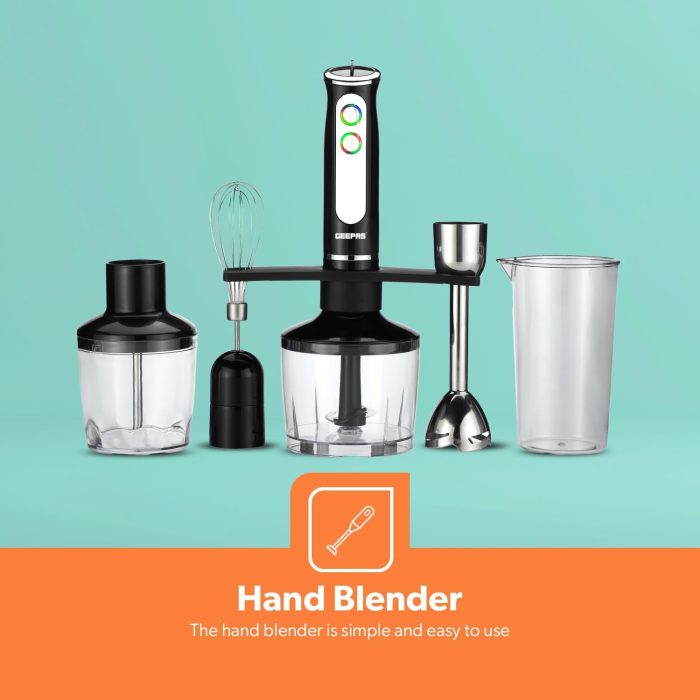 Geepas 5-In-1 Hand Blender | Chopper/Food Processor | Electric Whisk | 8 Variable Speeds, Stainless Steel Blade For Blending The Perfect Smoothies And Grinding Coffee | 600W | 2 Year Warranty