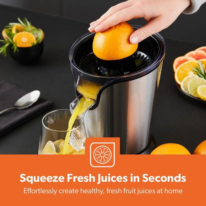 Geepas GCJ46013UK 100W Citrus Juicer Electric Orange Juicer Professional Brushed Stainless Steel Fruit Juicer Squeezes Oranges Lemons Lime Juices Freshly Pressed Fruit Juices in Seconds