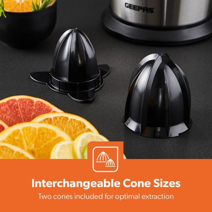 Geepas GCJ46013UK 100W Citrus Juicer Electric Orange Juicer Professional Brushed Stainless Steel Fruit Juicer Squeezes Oranges Lemons Lime Juices Freshly Pressed Fruit Juices in Seconds