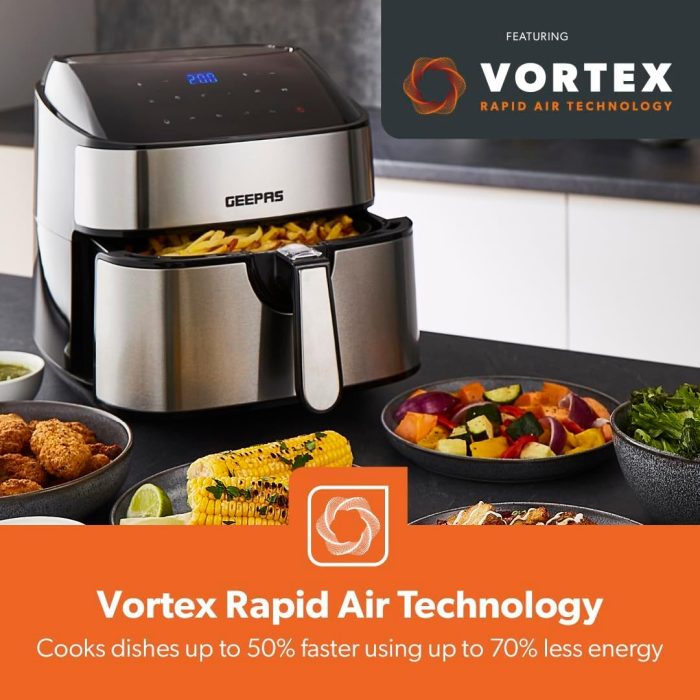 Geepas ' Vortex 7.5L Digital Air Fryer – Family-Sized 10-in-1 Convection Air Fryer with LED Touchscreen, 60 Min Timer & Non-Stick Basket, – 2 Years Warranty, 1800W', Black