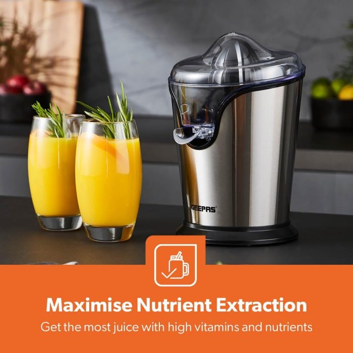 Geepas GCJ46013UK 100W Citrus Juicer Electric Orange Juicer Professional Brushed Stainless Steel Fruit Juicer Squeezes Oranges Lemons Lime Juices Freshly Pressed Fruit Juices in Seconds