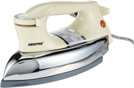 Geepas 1200W Automatic Dry Iron - Electric Teflon Plated Sole Plate, Durable Heavy Weight Box Auto Shut Off, Temperature Setting Dial, Overheat Protection WhiteSilver GDI7752