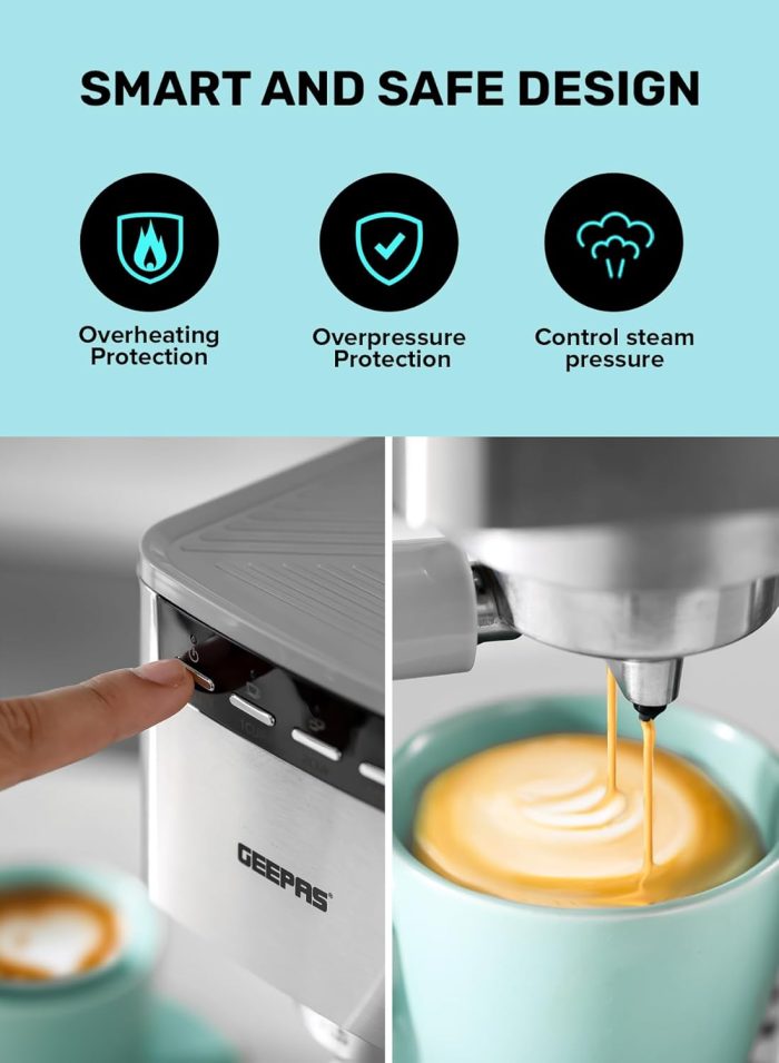 Geepas Espresso and Cappuccino Coffee Machine- GCM1523SS| Die-Cast Aluminum Boiler and 1.8 L Detachable Water Tank| Makes Cappuccino, Lattes, Espresso