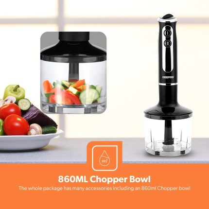 Geepas 5-In-1 Hand Blender | Chopper/Food Processor | Electric Whisk | 8 Variable Speeds, Stainless Steel Blade For Blending The Perfect Smoothies And Grinding Coffee | 600W | 2 Year Warranty