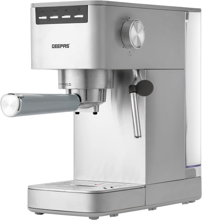 Geepas Espresso and Cappuccino Coffee Machine- GCM1523SS| Die-Cast Aluminum Boiler and 1.8 L Detachable Water Tank| Makes Cappuccino, Lattes, Espresso