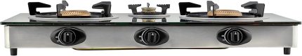 Geepas GGC31012 3-Burner Gas Cooker Size 70mm, 40mm & 90mm Respectively - Ergonomic Design, Automatic Ignition, 3 Heating Zones | Stainless Steel Frame & Tray