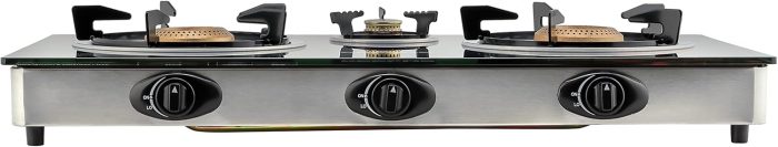 Geepas GGC31012 3-Burner Gas Cooker Size 70mm, 40mm & 90mm Respectively - Ergonomic Design, Automatic Ignition, 3 Heating Zones | Stainless Steel Frame & Tray