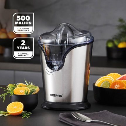 Geepas GCJ46013UK 100W Citrus Juicer Electric Orange Juicer Professional Brushed Stainless Steel Fruit Juicer Squeezes Oranges Lemons Lime Juices Freshly Pressed Fruit Juices in Seconds