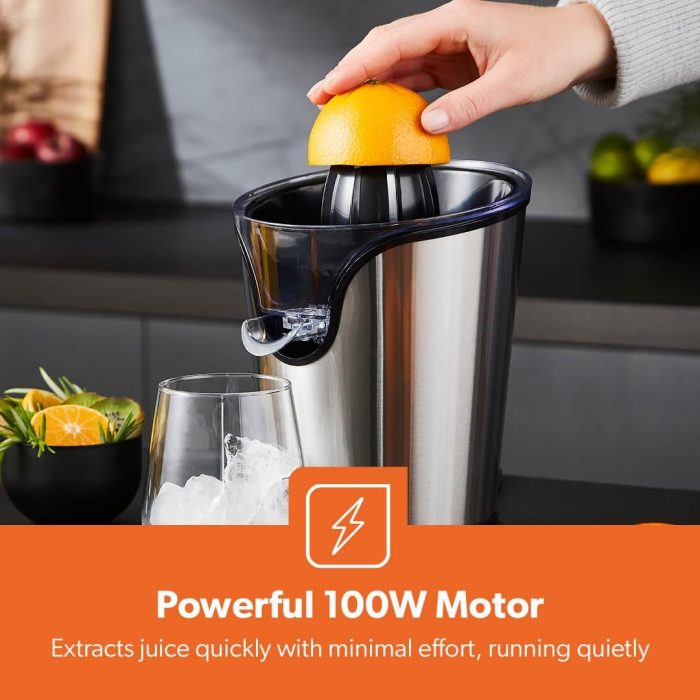 Geepas GCJ46013UK 100W Citrus Juicer Electric Orange Juicer Professional Brushed Stainless Steel Fruit Juicer Squeezes Oranges Lemons Lime Juices Freshly Pressed Fruit Juices in Seconds