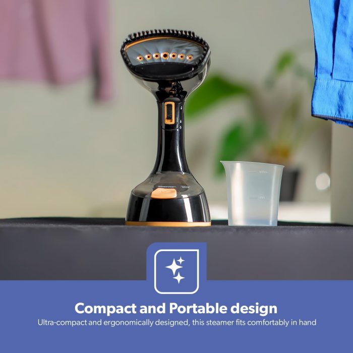 Geepas Handheld Garment Steamer- GGS25034| Ready to Use in 30 Seconds| Suitable for All Kinds of Fabric | Equipped with Stainless Steel Head and 150 ML Capacity| Black and golden, 2 Years Warranty