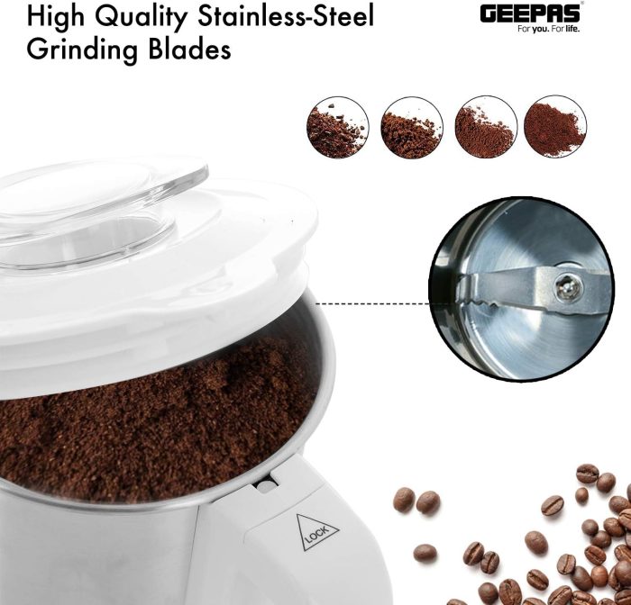 Geepas Coffee Grinder GCG6105 - 450W Electric Grinder | Separate Stainless Steel Blades for Coffee Beans, Spices & Dried Nuts Grinding | Detachable Bowl |Large Capacity Mill