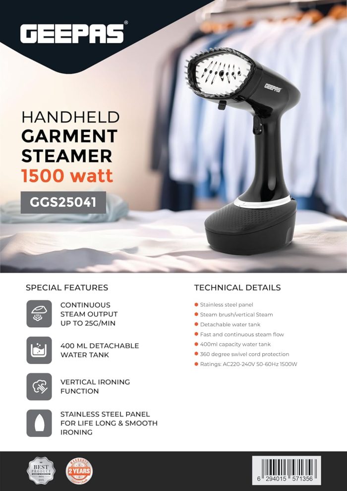 Geepas Handheld Garment Steamer- GGS25041/ 1500 W, Easy to Use,Suitable for all Kinds of Fabric and Safe for Delicate Fabrics/Vertical Ironing, and 400 ml Capacity/Black, 2 Years Warranty