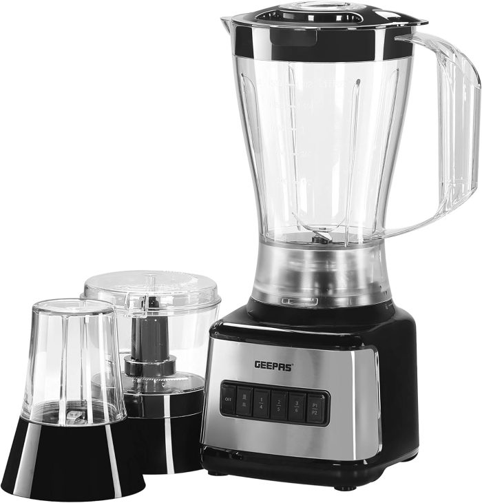 Geepas GSB44017 500W 3 in 1 Stainless Steel Blender - 8 Speed Control , 1.5L Plastic jar, 4 Sharp Blades & 2 Blending Preset Juicer- Mill & Chopping Blender, Anti-Slip feet Design | 2 Year Warranty