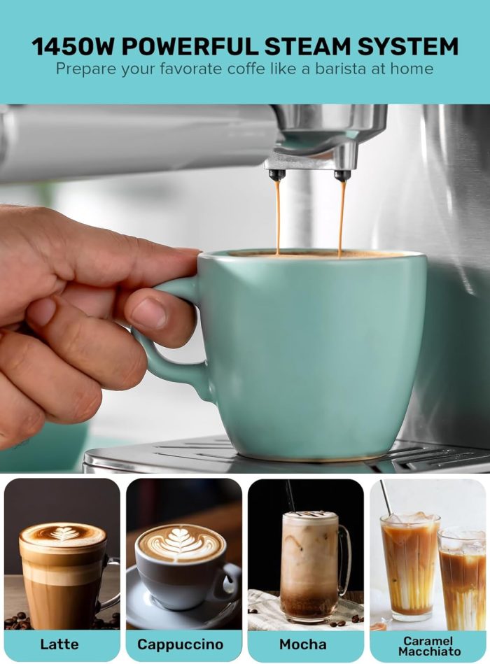 Geepas Espresso and Cappuccino Coffee Machine- GCM1415SS E26 Platinum Series, Equipped with 20 Bar High Pressure Pump and Powerful Steam System Makes Cappuccino, Lattes, Espresso, Macchiato, Mocha