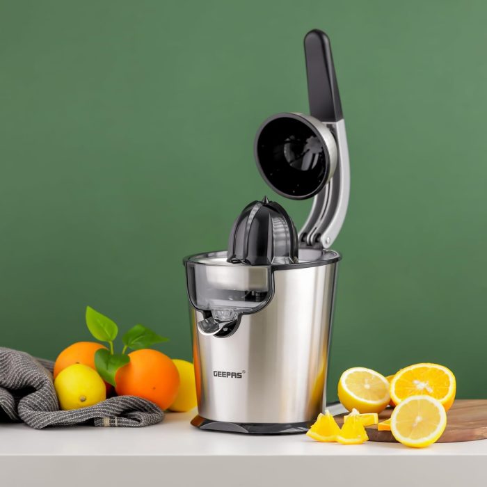 Geepas Stainless Steel Citrus Juicer-GCJ46018| Juicer for Orange Juice, Lemon| Deluxe Stainless Steel Body with Aluminum Die-Casting Handle| Metallic Silver, 2 Years Warranty