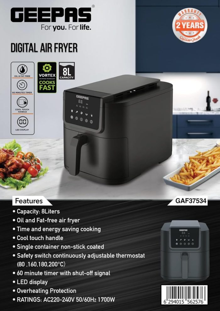 Geepas Digital Air Fryer- GAF37534| 8 L Capacity with VORTEX Air Frying Technology| Digital Display, Multiple Function, 1-60 Min Timer| 2 Years Warranty, Black