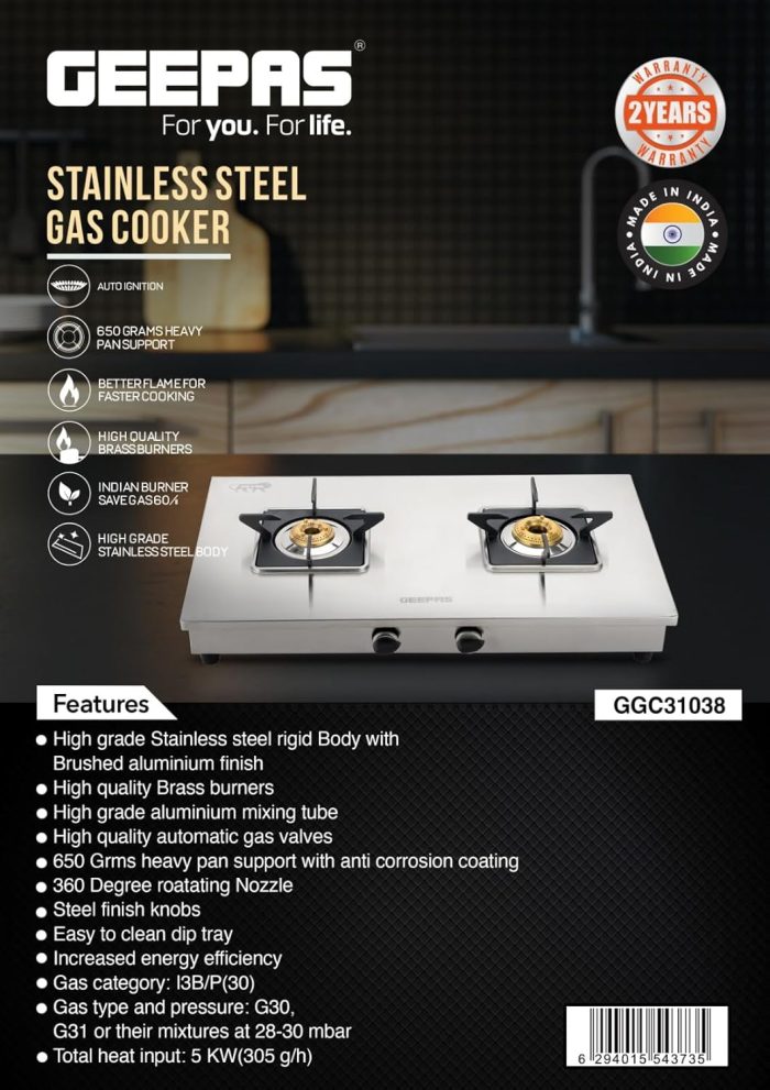 Geepas Stainless Steel Gas Cooker-Auto Ignition System, LPG Gas Stove| Silver, 2 Years Warranty