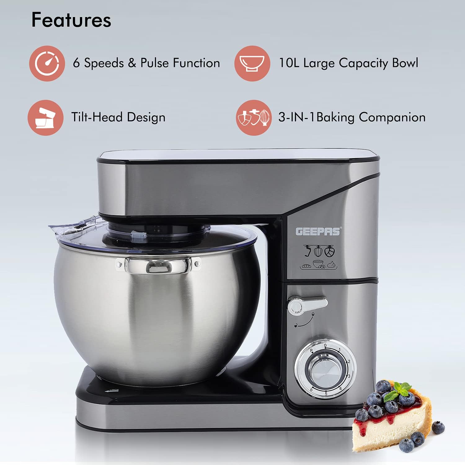 71B8kKpImwS._AC_SL1500_ Geepas 2000W Stand Mixer 10L Stainless Steel Mixing Bowl for Bread & Dough, Tilt up Head 6 Speed with Pulse Power Indicator, Multicolor, Gsm43041