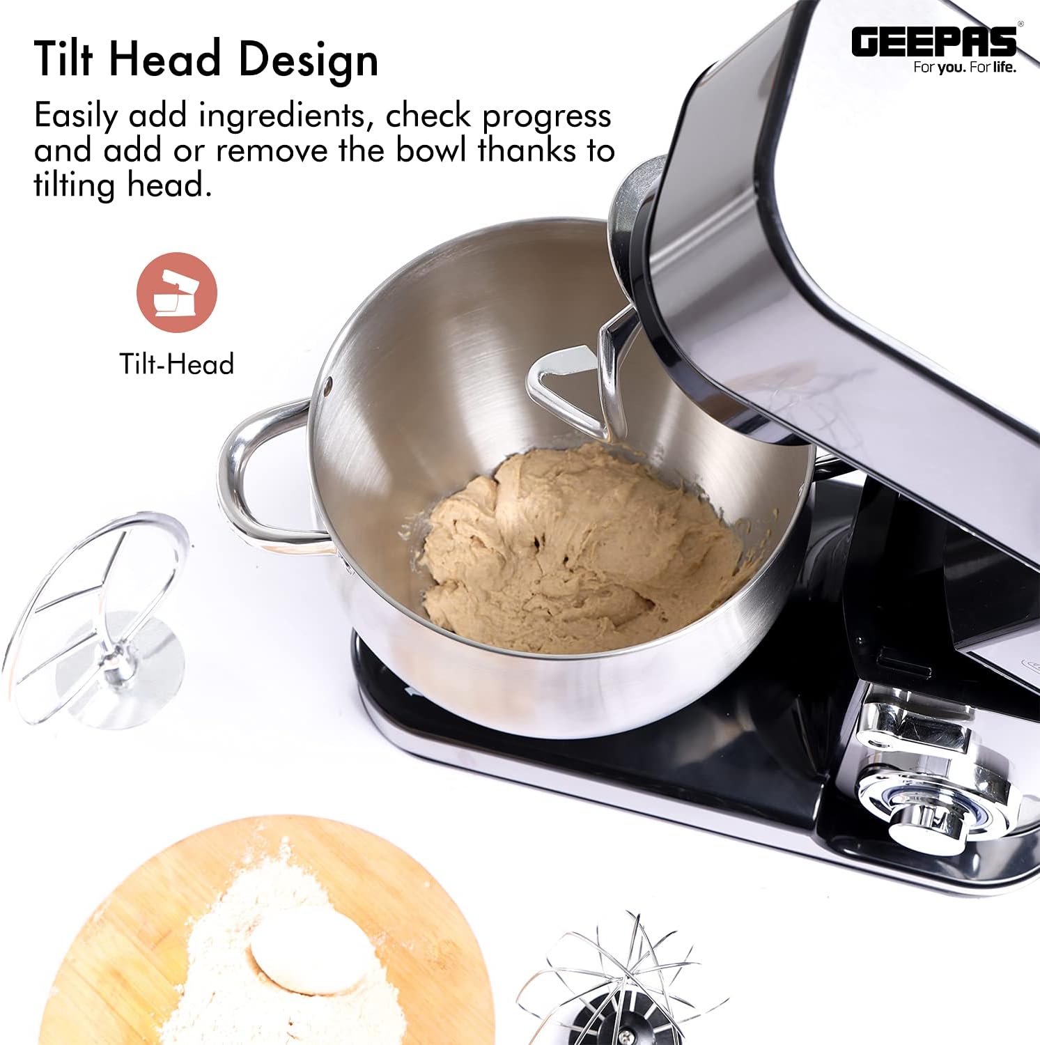 71BJNzs4JuS._AC_SL1500_ Geepas 2000W Stand Mixer 10L Stainless Steel Mixing Bowl for Bread & Dough, Tilt up Head 6 Speed with Pulse Power Indicator, Multicolor, Gsm43041