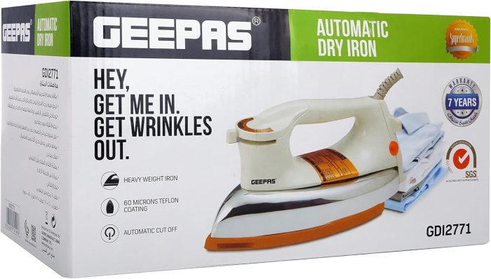 Geepas GDI2771 1200W Automatic Dry Iron - Automatic Dry Iron - Durable Teflon Plated Sole Plate| Auto Shut Off, Temperature Setting Dial