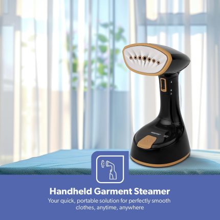 Geepas Handheld Garment Steamer- GGS25034| Ready to Use in 30 Seconds| Suitable for All Kinds of Fabric | Equipped with Stainless Steel Head and 150 ML Capacity| Black and golden, 2 Years Warranty