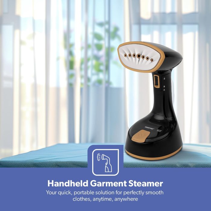 Geepas Handheld Garment Steamer- GGS25034| Ready to Use in 30 Seconds| Suitable for All Kinds of Fabric | Equipped with Stainless Steel Head and 150 ML Capacity| Black and golden, 2 Years Warranty