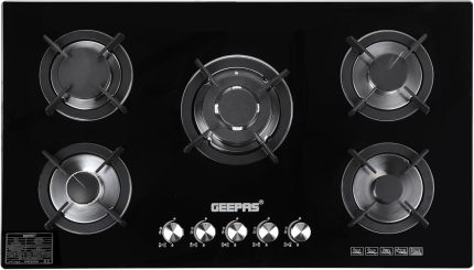 Geepas GGC31011 5-Burner Gas Hob - Attractive Design, 8mm Tempered Glass Worktop - Automatic Ignition, 5 Heating Zones | Ergonomic Design, Stainless Steel Body