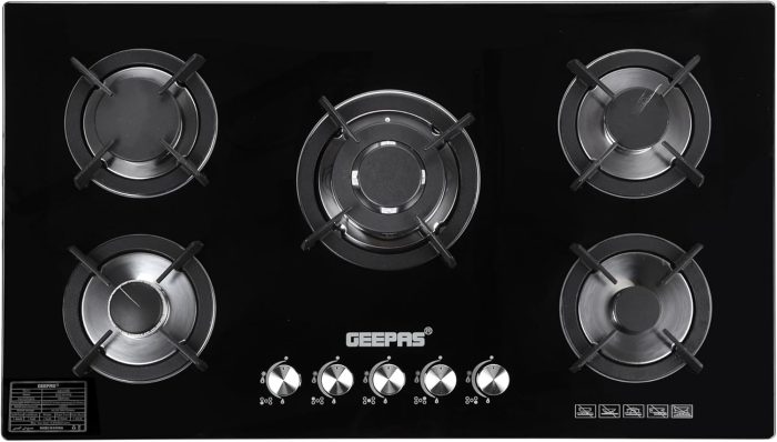 Geepas GGC31011 5-Burner Gas Hob - Attractive Design, 8mm Tempered Glass Worktop - Automatic Ignition, 5 Heating Zones | Ergonomic Design, Stainless Steel Body