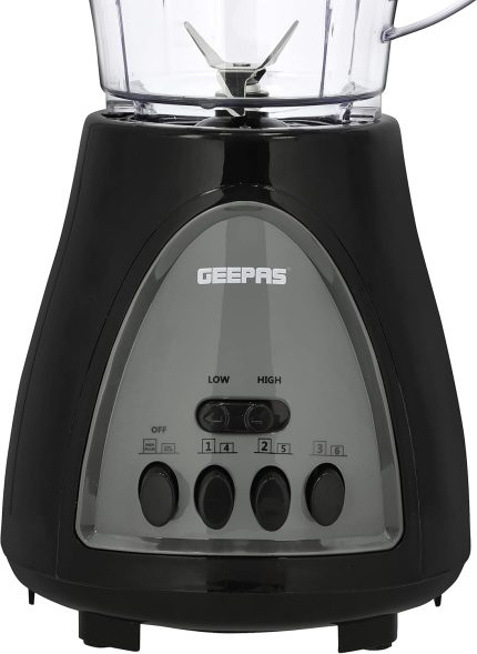 Geepas 3 In 1 Blender, Powerful Motor 400W, Gsb44034 Stainless Steel Cutting Blades Six Speed With Pulse Function 1.5L Jar Juice Extractor For Whole Fruits Vegetables, Ice Crusher, Black