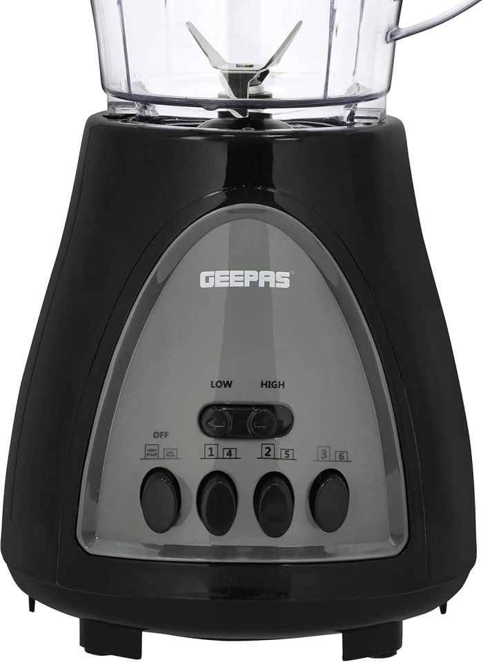 Geepas 3 In 1 Blender, Powerful Motor 400W, Gsb44034 Stainless Steel Cutting Blades Six Speed With Pulse Function 1.5L Jar Juice Extractor For Whole Fruits Vegetables, Ice Crusher, Black