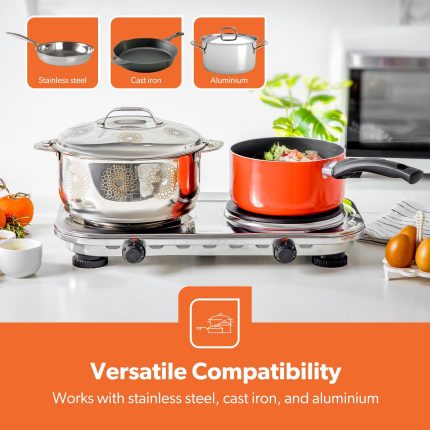 Geepas 2500W Stainless Steel Double Hot Plate – Portable Electric Hob Double Burner with Adjustable Temperature Control, Cast Iron