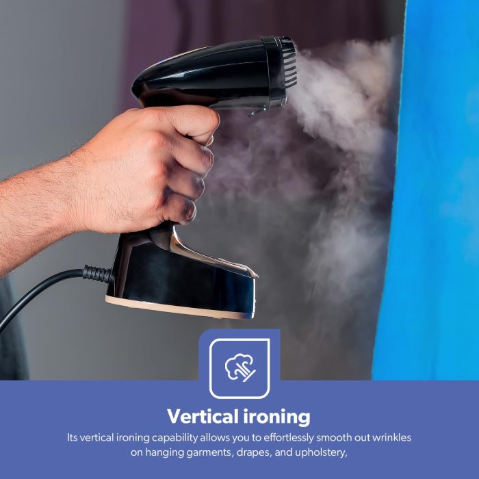 Geepas Handheld Garment Steamer- GGS25034| Ready to Use in 30 Seconds| Suitable for All Kinds of Fabric | Equipped with Stainless Steel Head and 150 ML Capacity| Black and golden, 2 Years Warranty