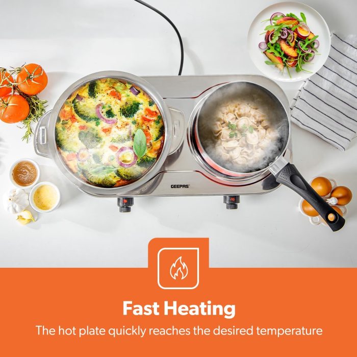 Geepas 2500W Stainless Steel Double Hot Plate – Portable Electric Hob Double Burner with Adjustable Temperature Control, Cast Iron