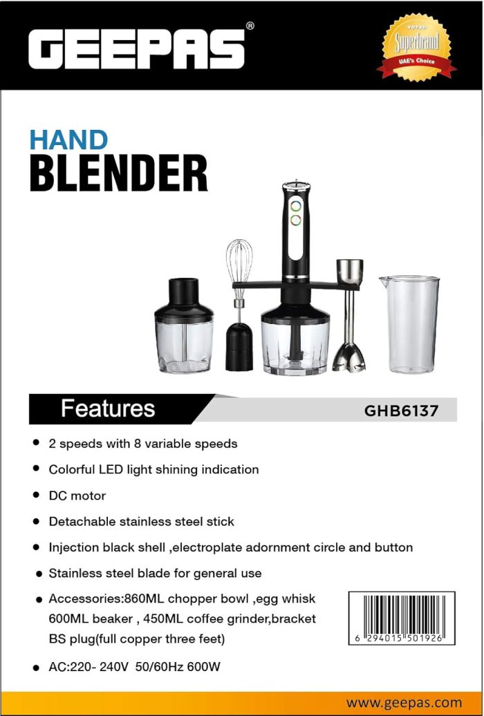 Geepas 5-In-1 Hand Blender | Chopper/Food Processor | Electric Whisk | 8 Variable Speeds, Stainless Steel Blade For Blending The Perfect Smoothies And Grinding Coffee | 600W | 2 Year Warranty