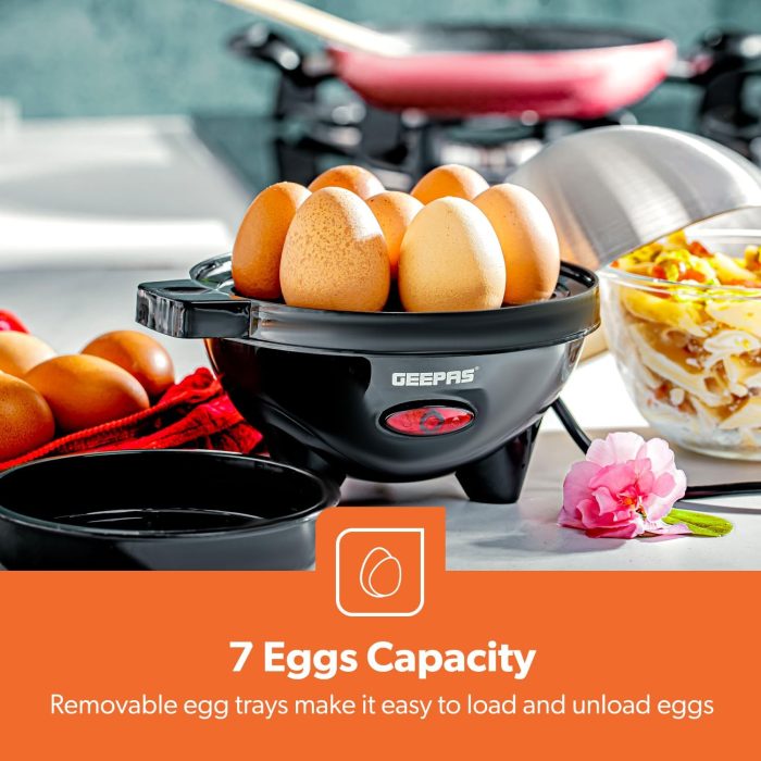 Geepas  Egg Boiler Poacher, 350W | Electric Egg Cooker & Omelette Maker, Vegetable Steamer | Poaching Bowl, Measuring Cup with Egg Piercer | Up to 7 Egg Capacity, Soft Medium & Hard-Boiled Eggs